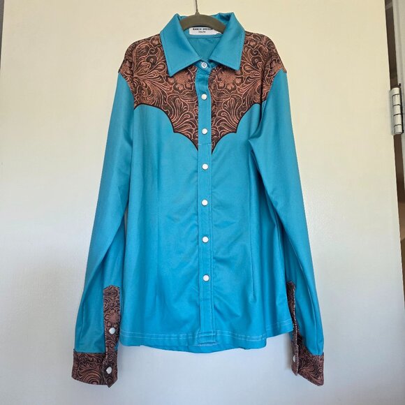 Ranch Dressn Western Rodeo Equestrian Snap Fasten Cowboy Shirt Youth Size L Blue - Picture 1 of 8